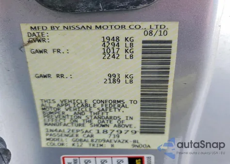 2010 Nissan Altima S z USA, uszkodzony, nr VIN 1N4AL2EP5AC187979